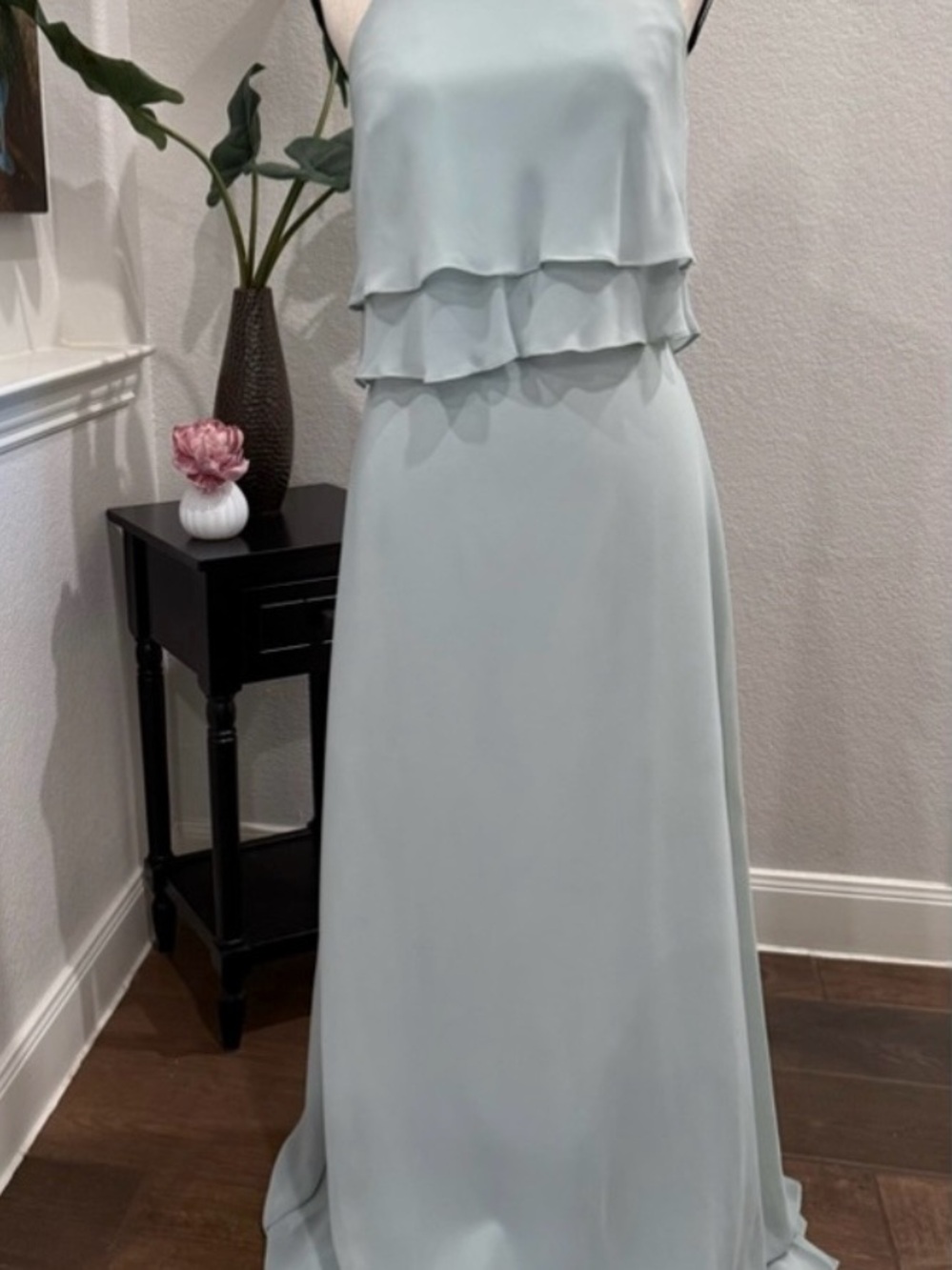 Jenny Yoo Sage Green Ruffled Bodice Spaghetti Strap Maxi Dress